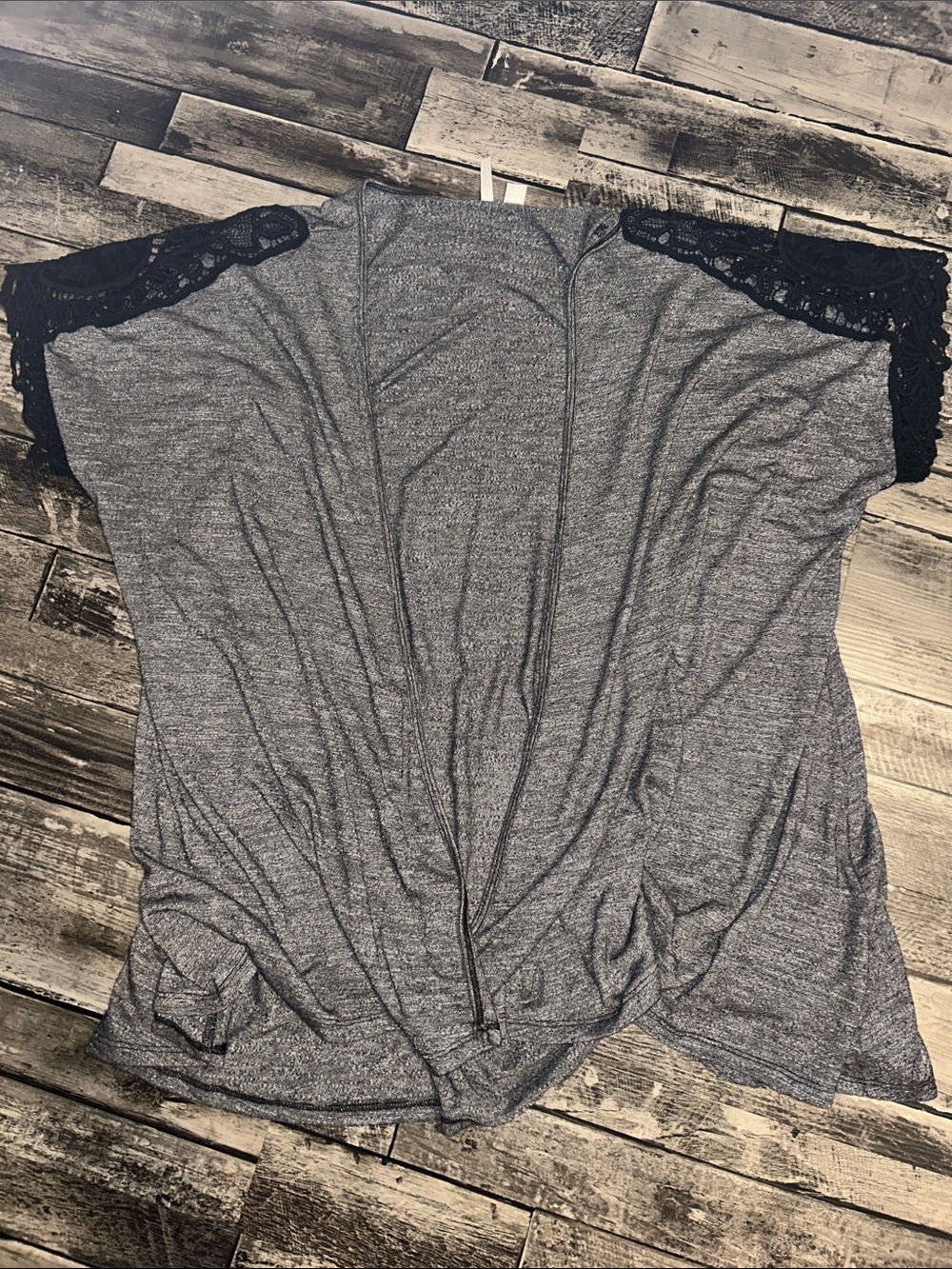 Gray Knit Top with Black Lace Trim
